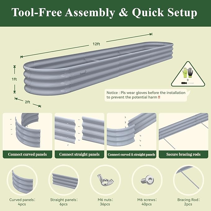 Galvanized Raised Garden Bed Kit - 12×2×1ft Oval Large Metal Planter Box with Easy Tool-Free Assembly for Vegetable Flower Herb, Outdoor Backyard, Patio, Farmhouse, Kitchen Garden Family-Friendly Gray
