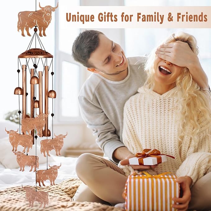 Highland Cow Wind Chimes for Outside, Metal Windchimes Outdoors, Highland Cow Gifts for Women/Men, Memorial/Birthday Gifts, Garden Decor for Outside, Patio or Yard, Durable Chimes for Outdoors