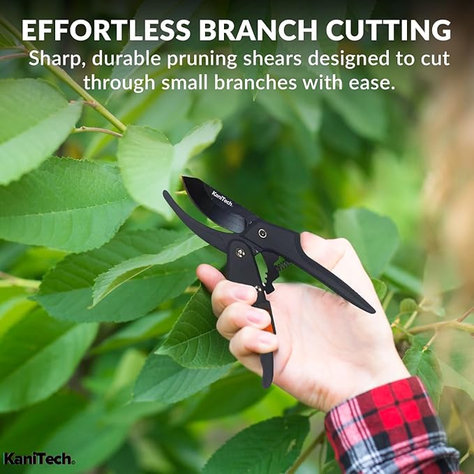 KaniTech Pruning Shears for Gardening with Gloves - Heavy Duty Garden Shears, Aluminum Hand Pruners with TPR Grip Handle, 8 inch 3.55mm Thick Blade - for Branches, Flowers & Plants (Black Set of 2)