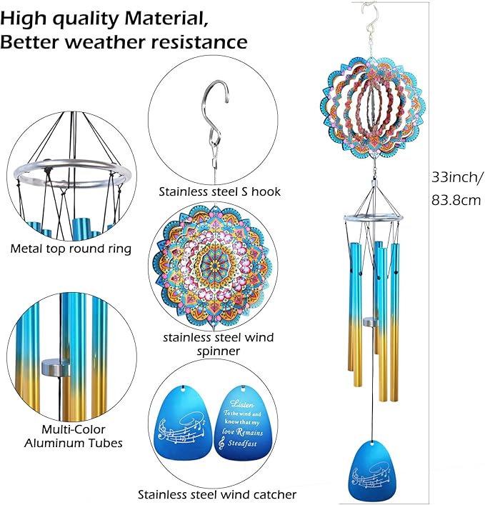 Wind Chimes for Outside with Wind Spinner Mandala Lucky Star,33" Memorial WindChimes Outdoor Garden Decorations,Suitable for Zen Patio,Gifts for Mom Women Wife Grandma,Christmas Ornaments