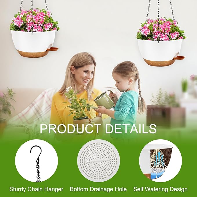10 inch Hanging Planters for Indoor Plants, 3 Pack Self-Watering Hanging Planter Pots with Chain and Drainage Holes, Outdoor Hanging Baskets for Garden Home Decor (White With Brown, 3pcs/10inch)