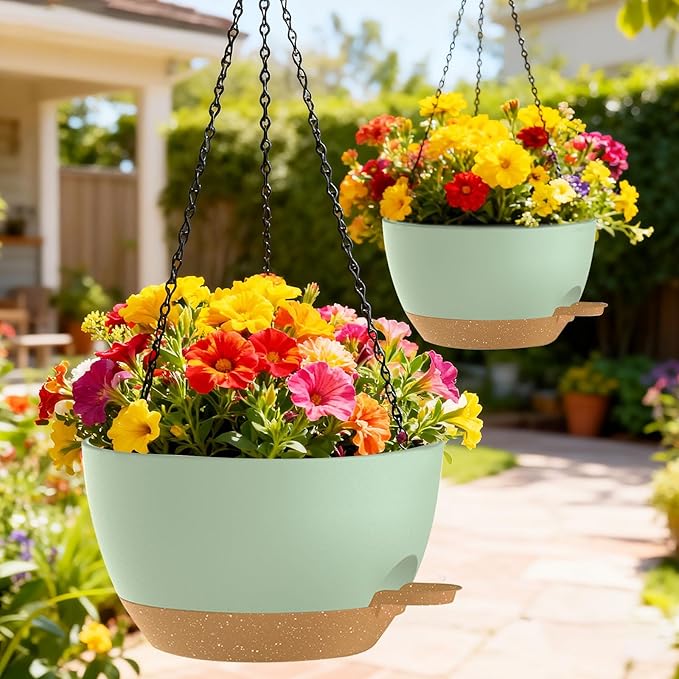 12 Inch Hanging Baskets 2 PC with Chains, Self-Watering Hanging Planters for Indoor Outdoor Plants, Plastic Hanging Flower Pots,Green Brown