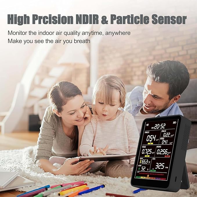 Professional Indoor Air Quality Monitor with AQI, Portable Real-Time Detector for Home Cars Plants and Pets (Black)