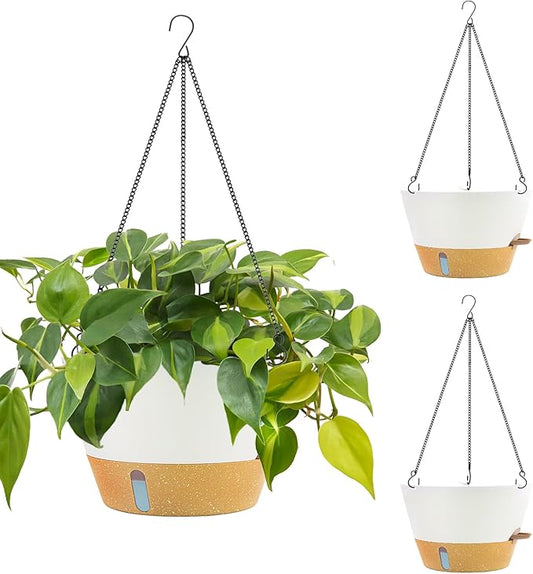 ZMTECH 12 Inch Hanging Planters for Indoor, 3 Pack Large Hanging Plant Pot with Visible Water Level and Chain, Self Watering Hanging Flower Pot for Outdoor Garden Porch(White)
