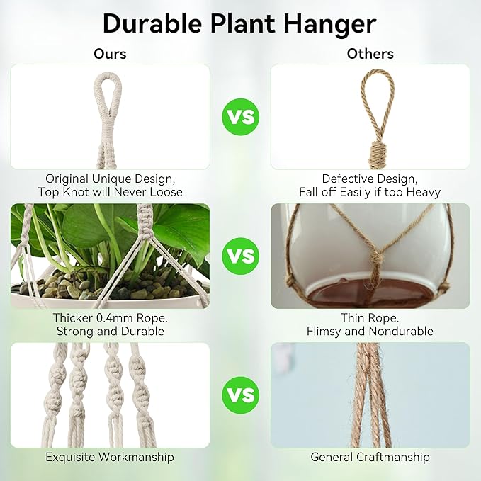 USLAI Macrame Plant Hanger Indoor Outdoor, Up to 4-15 inch Pot, Strong Hanging Planter Basket, Boho Home Decor, 23+29+35 Inch, Ivory (POTS NOT Included)