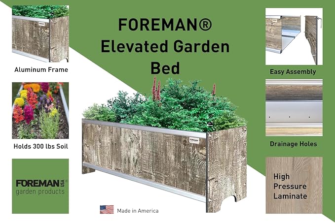 Foreman Raised Garden Bed 36”Lx12”Wx14”H Premium HPL Plastic Wood Grain Aluminum Frame Elevated Planter Box for Backyard Patio Balcony, Monte