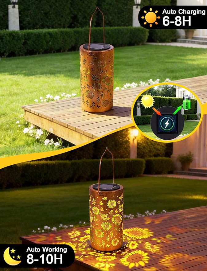 Sunflower Solar Lanterns Outdoor Waterproof, Metal Lantern Garden Lights with Color Projection, Garden Decor Gifts for Mom Women Mother Grandma, Hanging Solar Lights for Yard Porch Patio (Sunflower)