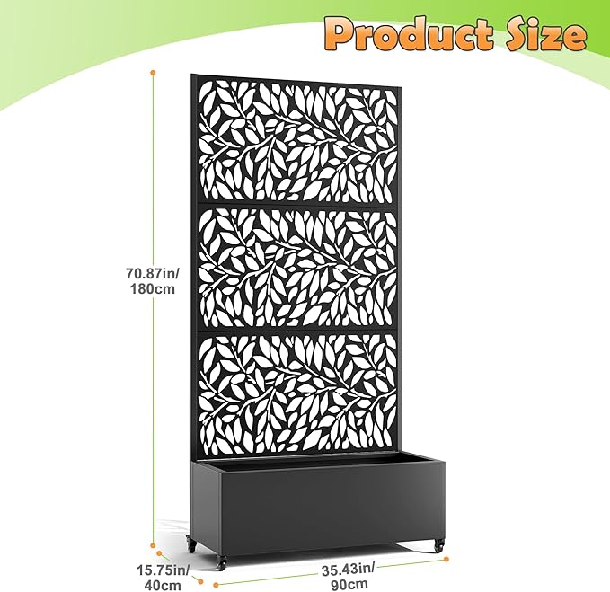 Metal Raised Garden Bed with Trellis, 2 in 1 Trellis with Planter Box & Privacy Screen for Climbing Plants, Vine, Outdoor Standing Flower Beds with Drainage Holes, 35.4"L x 15.7"W x 70.10"H,(Black)
