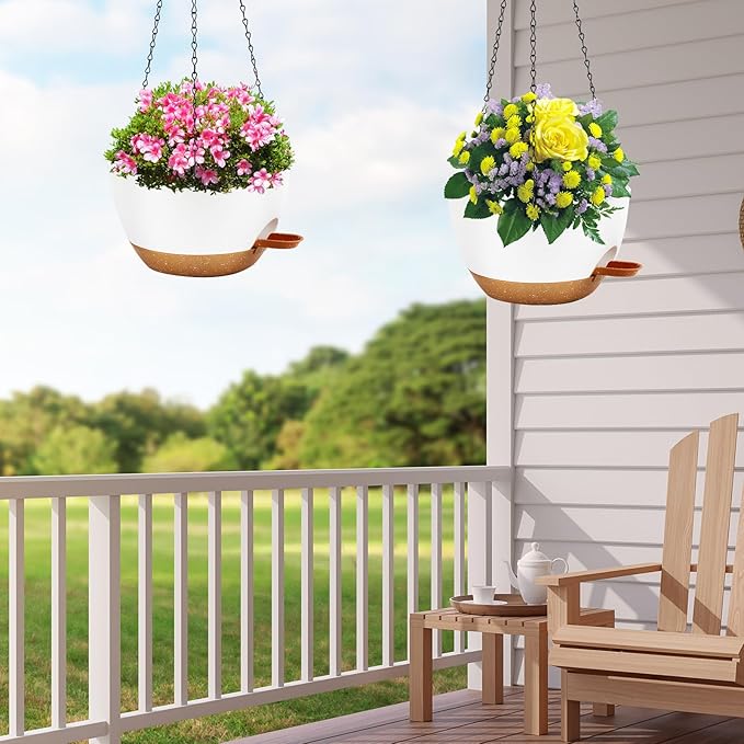 12 inch Hanging Planters for Indoor Plants, 2 Pack Self-Watering Hanging Planter Pots with Chain and Drainage Holes, Outdoor Plastic Hanging Baskets for Garden Home Decor