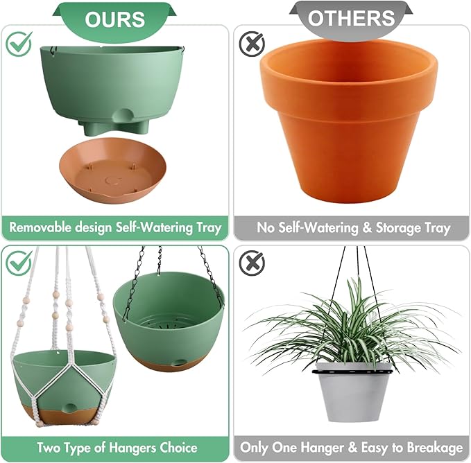 3 Pack 8/10/12 Inch Hanging Planters for Indoor Plants with Self-Watering Includes Hanging Pots for Plants, Outdoor Hanging Flower Pots with Drainage, and 2 Types of Hanging Baskets Hangers (Green)