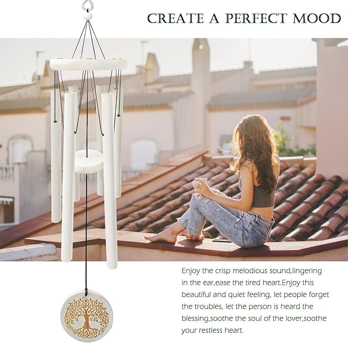 Tree of Life Wind Chimes Outdoor Clearance WindChimes for Loss of Loved One,33" Memorial/Sympathy Gifts for Friend/Mother/Father,Wind Chimes for Outside Garden,Home,Yard Decor(White)
