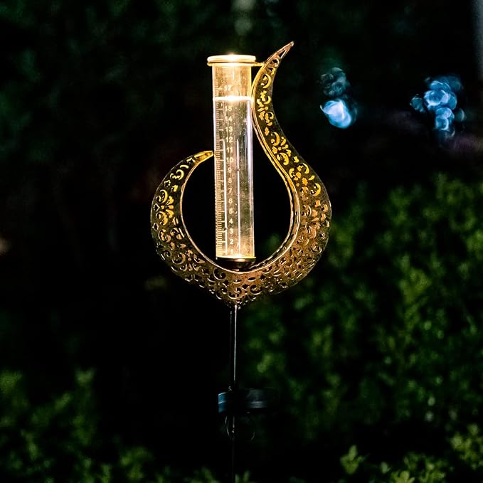Rain Gauge Outdoor Decorative, Solar Garden Rain Gauge, 7" Capacity Glass Tube Metal Flame Shape for Garden Yard Lawn