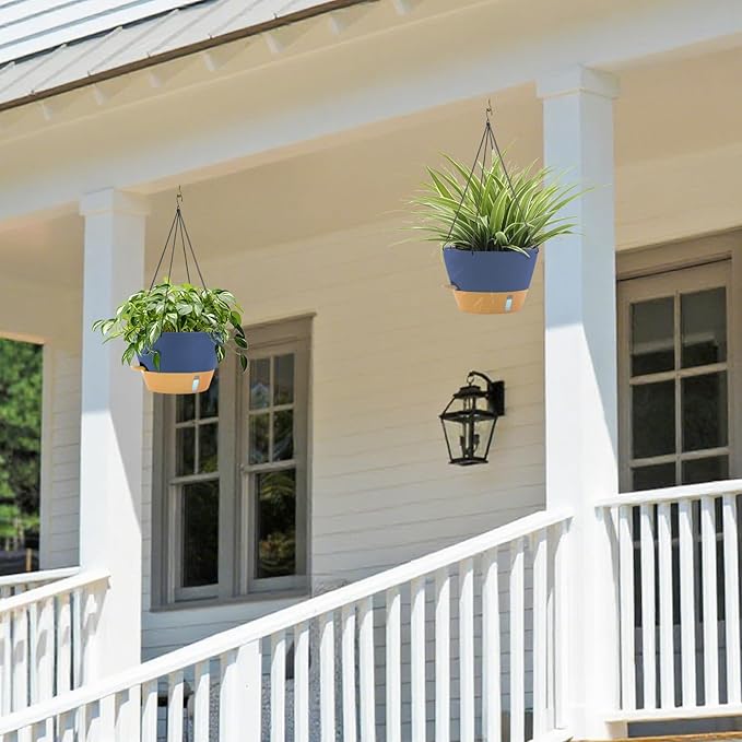 ZMTECH 12 Inch Hanging Planters for Indoor, Large Hanging Plant Pot with Visible Water Level and Chain, Self Watering Hanging Flower Pot for Outdoor Garden Porch(Blue)