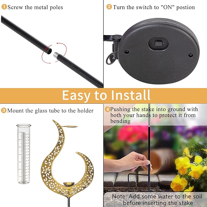 Rain Gauge Outdoor Decorative, Solar Garden Rain Gauge, 7" Capacity Glass Tube Metal Flame Shape for Garden Yard Lawn