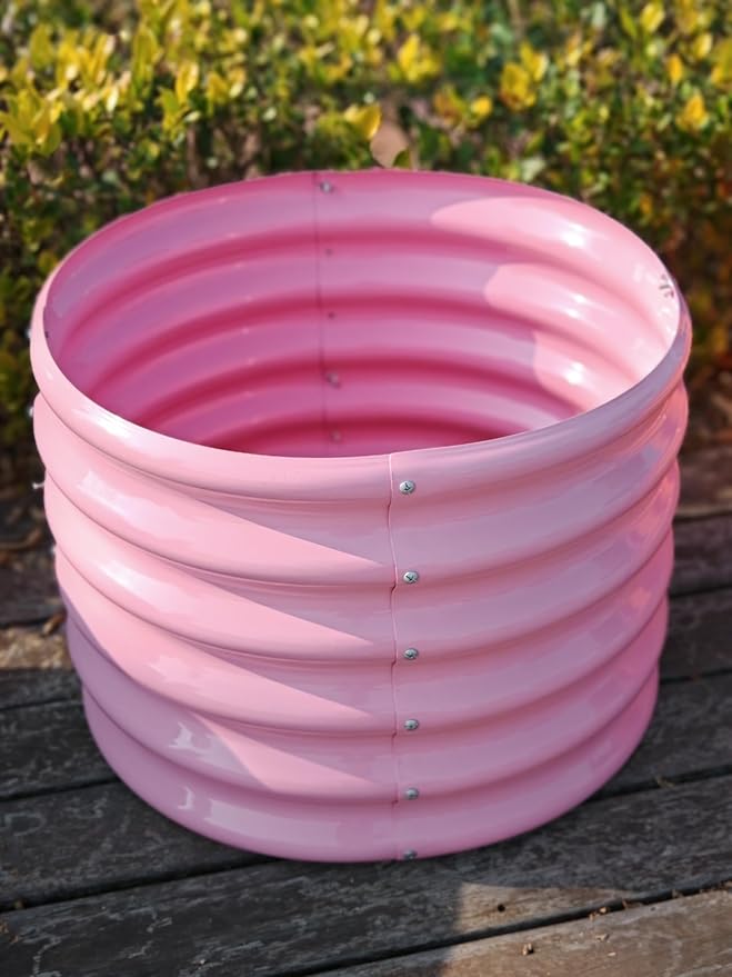 A ANLEOLIFE Kids Mini Raised Garden Beds Outdoor (4-Pack)-24x24x18in Round Galvanized Metal Planter Box for Planting Vegetables, Flowers, Fruits, Eco-Safe & Easy Setup, Blush Pink