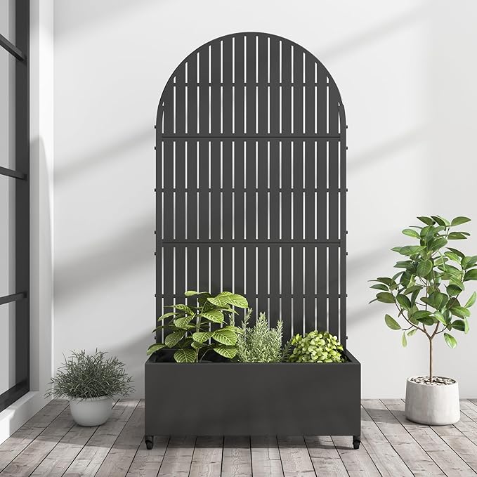 Casaphoria Metal Raised Garden Bed with Trellis and Wheels, 72"x35"x16" Arched Planter Box for Climbing Plants, Vegetables & Vines, Features Drainage Holes and Privacy Screen (Black-Fence)