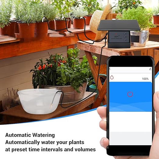 Solar Drip Irrigation System Kit, APP Remote Control 2000mAh Automatic Watering Drip Irrigation System, Smart Timing Plant Waterer Outdoor for Up to 10 Indoor Plants