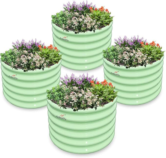 A ANLEOLIFE Kids Mini Raised Garden Beds Outdoor (4-Pack)-24x24x18in Round Galvanized Metal Planter Box for Planting Vegetables, Flowers, Fruits, Eco-Safe & Easy Setup, Mint Green