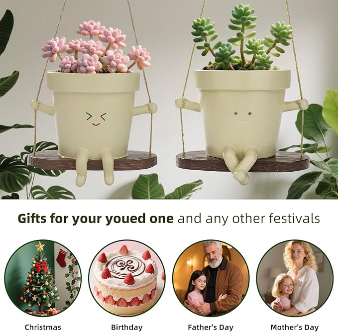 Hanging Planter Swing Face Plant Pot Cute Resin Head Planters Without Hole Indoor/Outdoor Plant Holder for Succulents, Unique Sitting Sway Pots Gift Ideas for Mother (2Pack-Style-AB)