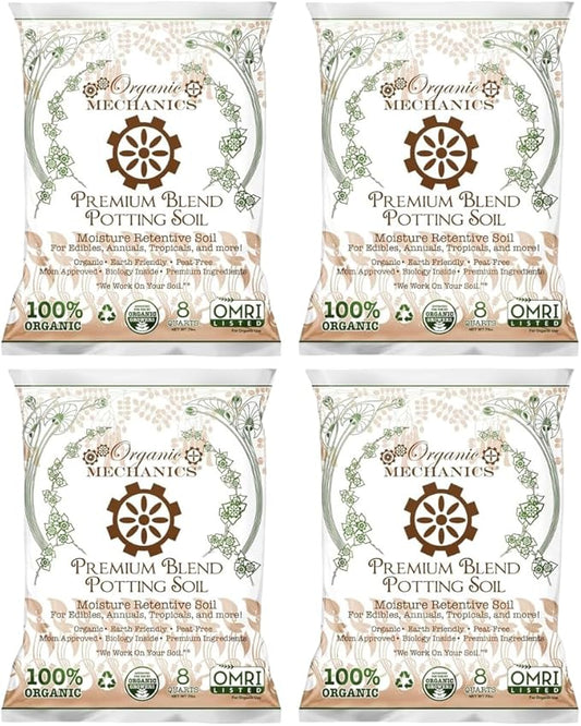 Organic Mechanics Premium Blend Potting Soil, 8 qt (Pack of 4) - Moisture-Retentive, Peat-Free, Compost - Enriched Mix with Worm Castings & Perlite for Houseplants, Annuals, Veggies & Tropical Plants