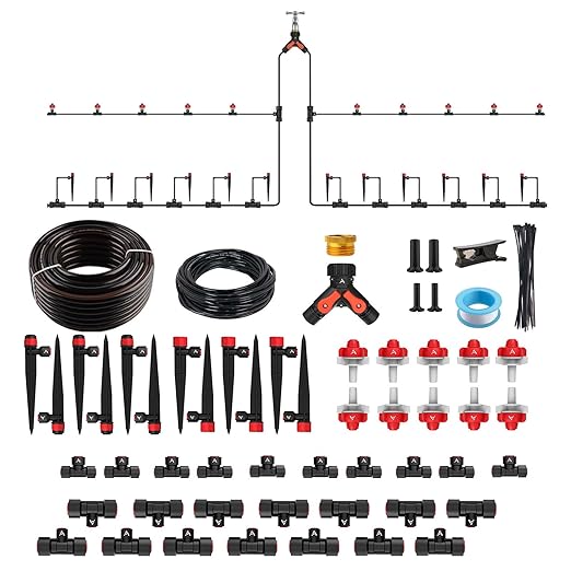 A ANLEOLIFE 100FT Drip Irrigation System Kit, Quick-Connect Garden Watering System with 1/2” & 1/4” Tubing, Y Splitter, 22 Adjustable Emitters & Nozzles for Garden Beds, Greenhouse, Yard