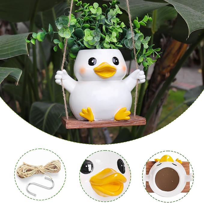 Cute Swing Duck Hanging Planters for Indoor Plants Small Succulent Pots with Drainage Hole Unique Resin Outdoor Plant for String of Pearls Gift Ideas for Mother Day Christmas