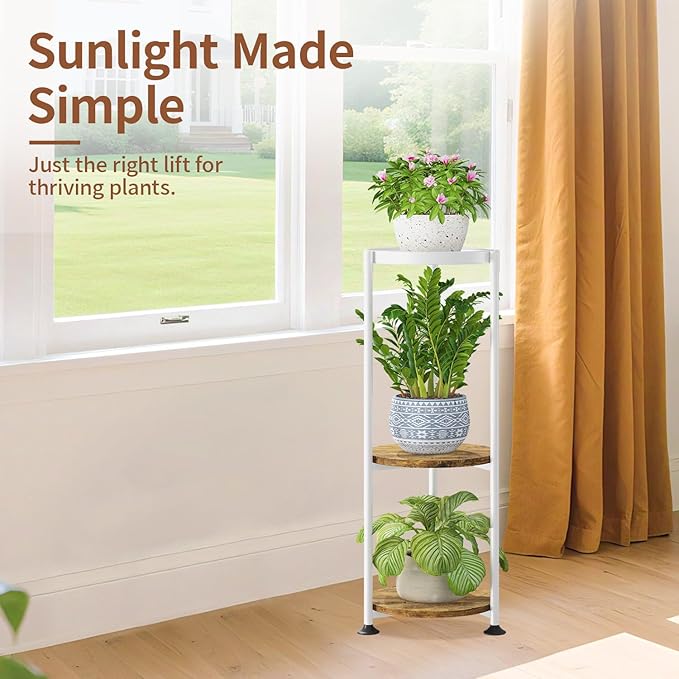 LASZOLA 3 Tier White Plant Stand Indoor for Large Tall Heavy Duty Flower Planter, Metal Vertical Multi Level Rack for Narrow Floor Corner, Sturdy Round Holder Organizer, Modern, Mid Century, Farmhouse