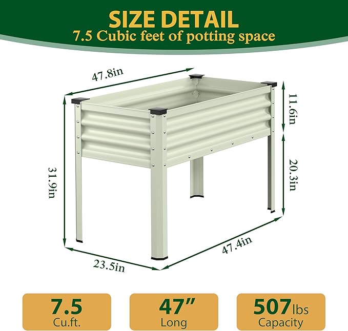 MUPATER 48" L x 24" W x 32" H Galvanized Steel Raised Garden Bed, 507lbs Capacity Large Metal Elevated Raised Planter Box with Legs & Detachable Black Liner for Patio, Balcony, Beige