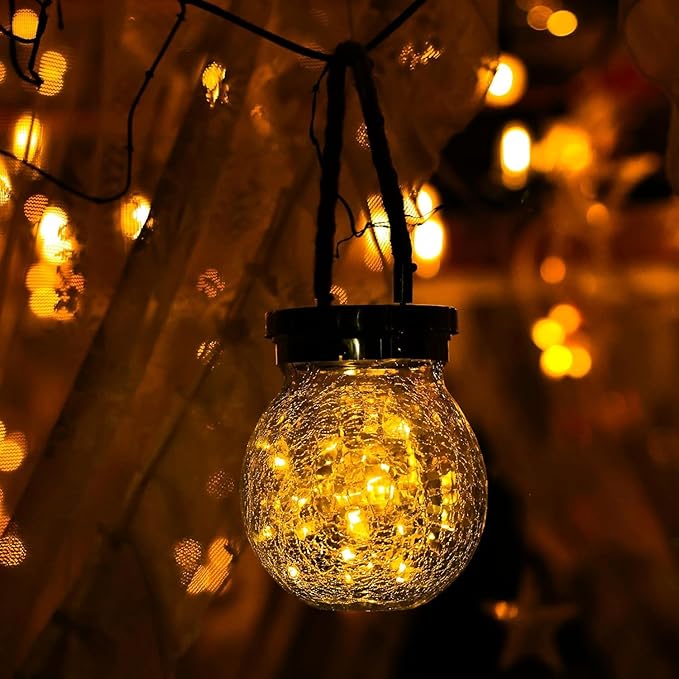Cooo Christmas Gifts 4 Pack Solar Lanterns Waterproof Outdoor Heavy Crackle Glass 30 LED Warm Firefly Lights Stainless Steel Lid 215% Solar for Women Mom Grandma Outdoor Table Lamps Garden Yard Decor