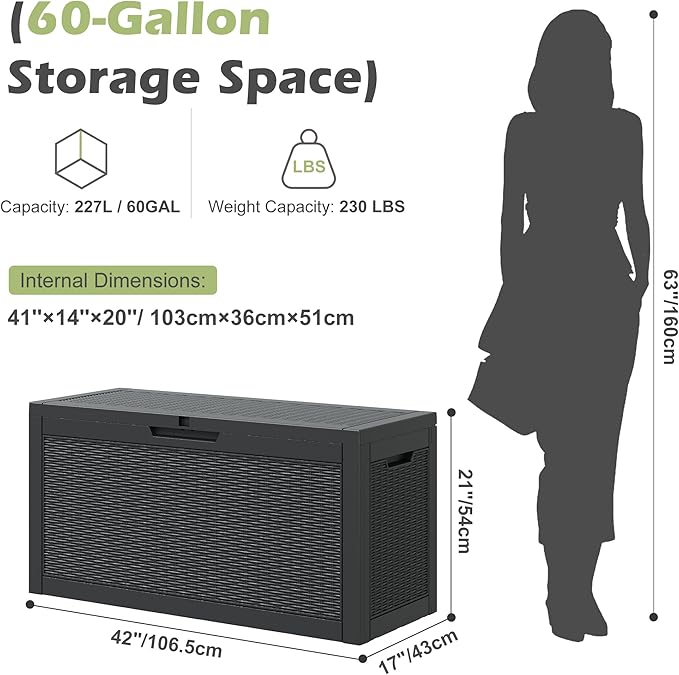 NBYSGO Outdoor Storage Box, Resin Deck Boxes Indoor and outdoor, Waterproof Storage Box Lockable Lid (Black, 60 Gallon)