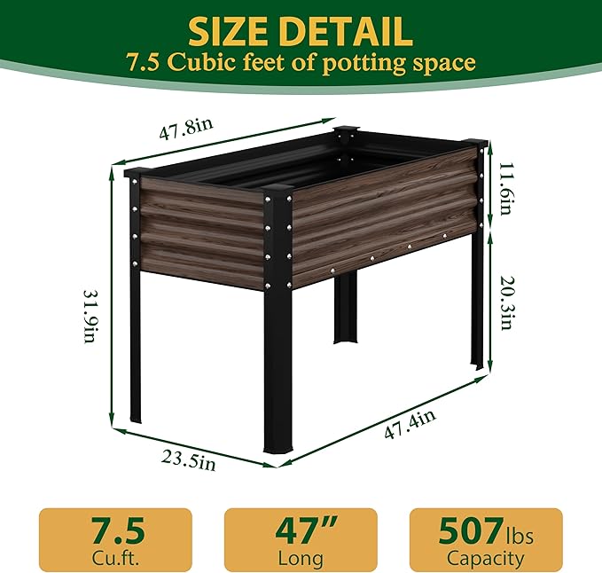 BlueWish 48" W x 24" D x 32" H Raised Garden Bed, Galvanized Garden Bed with Detachable Black Liner, Drainage Gaps, Raised Garden Beds Outdoor 507 lbs Capacity, Gardening, Vegetable, Flower, Rustic