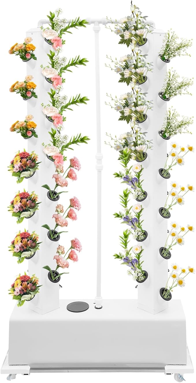 56-Plant Hydroponic Growing System Indoor Outdoor, Garden Vertical Planter Germination Kit with Pump & Wheels, Hydroponics Growing Tower, Smart Vertical Hydroponic Garden Tower, White Base