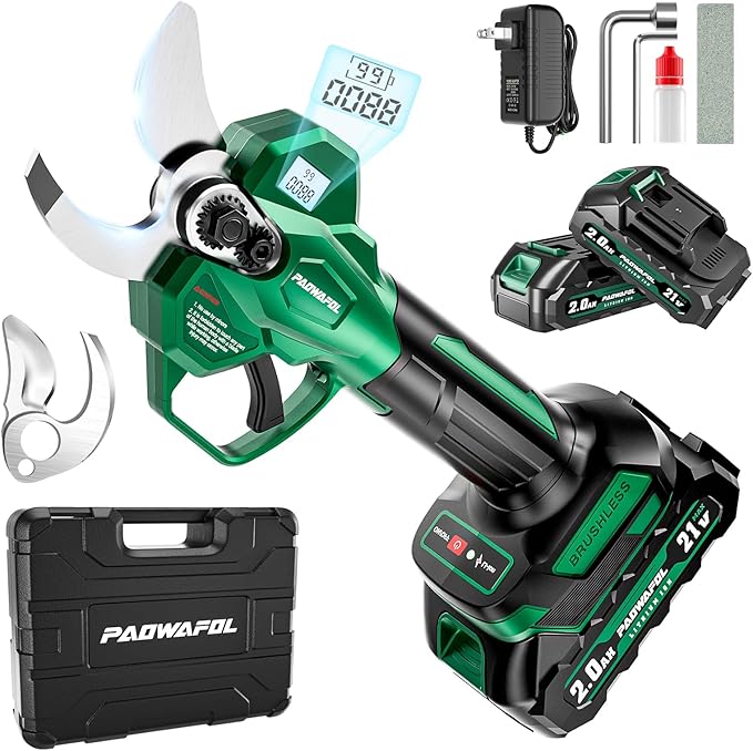 Electric Pruning Shears, 1.6 inch (41mm) Cutting Diameter Cordless Electric Scissors with LCD Display, 21V Brushless Motor Branch Cutter with 2 PCS Rechargeable 2000mAh Batteries & 2 Blades (Green)