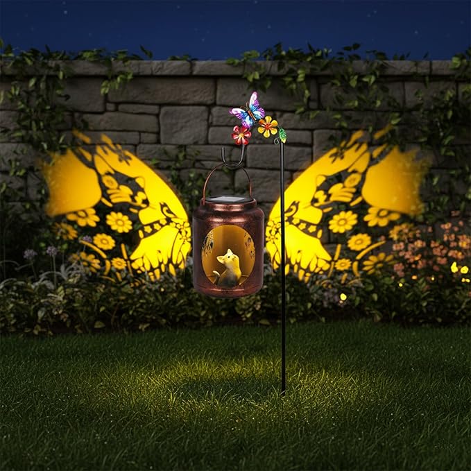 Solar Lanterns Outdoor Waterproof Metal Cat Patterns with Resin Cat Inside Garden Decor Gifts for Women Mom Grandma Hanging Solar Lights Decoration Outside for Yard, Patio, Backyard, Porch
