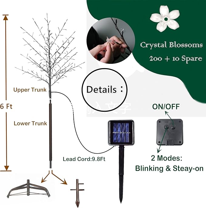 LED Solar Lighted Cherry Blossom Tree,6Ft Light up Cherry Tree Outdoor with 200 Crystal Flower Detachable for Pathway Porch Yard Patio Garden Decor Holiday Decorations Christmas Easter Pure White