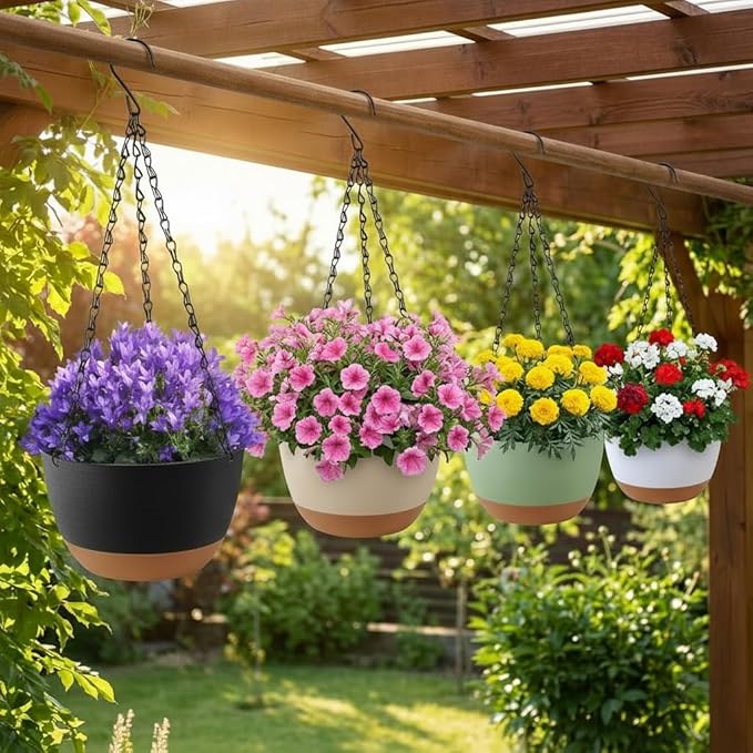 2 Pack 10 Inch Hanging Planters for Indoor Outdoor Plants, Plastic Hanging Basket Flower Plant Pots, Plant Self Watering Pot with Drainage Holes and Saucers for Garden Home (Green)
