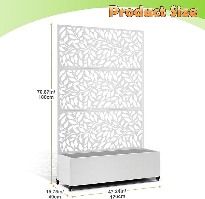 Metal Raised Garden Bed with Trellis, 2 in 1 Trellis with Planter Box & Privacy Screen for Climbing Plants, Vine, Outdoor Standing Flower Beds with Drainage Holes,47.2" L x 16.7" W x 70.8" H,(White)