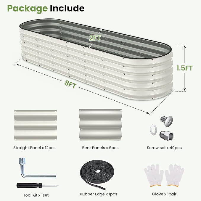 Galvanized Raised Garden Bed, 8x2x1.5 FT Oval Metal Planter Box for Outdoor, 18” Raised Beds for Gardening Vegetables Flower Herb(Pearl White)