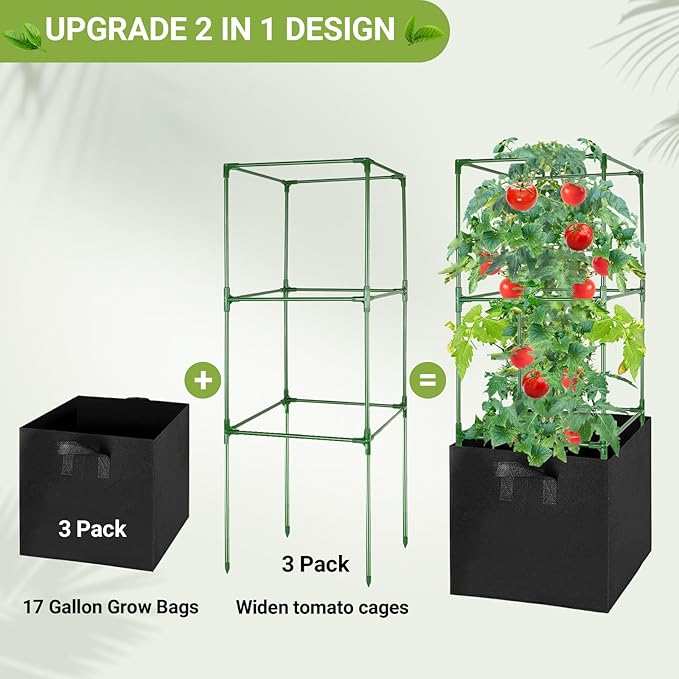 2 Pack Tomato Cages with 17 Gallon Grow Bags, 47” Heavy Duty Square Tomato Plant Stakes Support Cages Trellis for Garden Climbing Vegetables Flowers Fruits (47IN Tall, Extra-Bold)