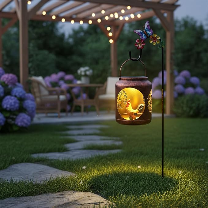 Solar Lanterns Outdoor Waterproof Metal Rooster Patterns with Resin Rooster Inside Garden Decor Gifts for Women Mom Grandma Hanging Solar Lights Decoration Outside for Yard, Patio, Backyard, Porch