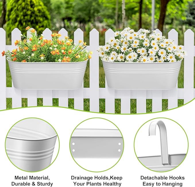 3 Pcs Large Balcony Planters Railing Hanging Flower Pots- 16.2 Inch Metal Railing Planter Box Fence Planters for Outdoor Plants with Detachable Hooks and Drain Holes for Garden Decor (White-16.2inch)