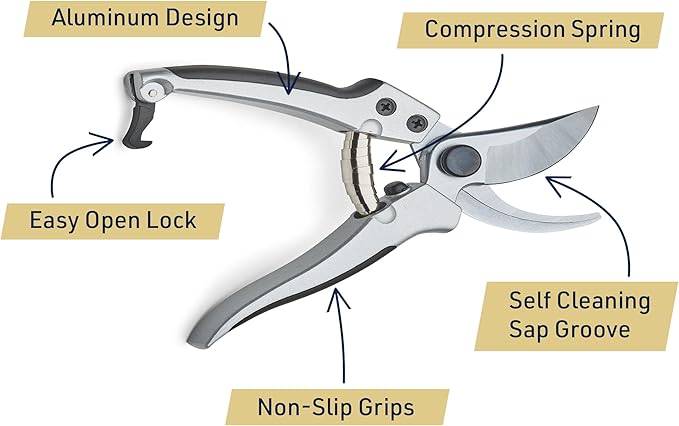 Bypass Pruning Shears for Gardening - 8” Heavy Duty Garden Shears - Spring-Loaded Snap Catch and Ergonomic Grips - Ultra Sharp Rust Resistant Trimming Scissors - Gardening Tools by Kings County Tools