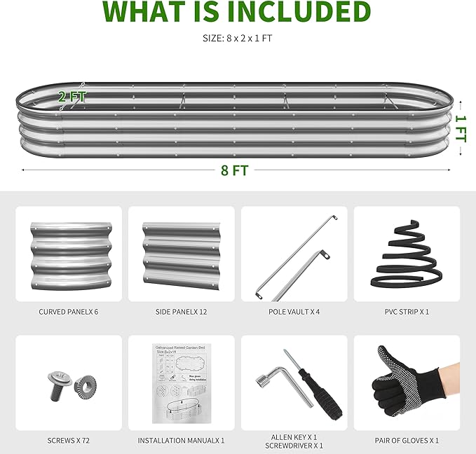 Anmiro Galvanized Metal Raised Garden Bed Kit for Outdoor Planter Boxes with Easy Assembly,4x2x1ft-2PCS Oval Large Galvanized Gardening Raised Bed for Vegetables, Fruits, Flower (Silver, 8 * 2 * 1ft)