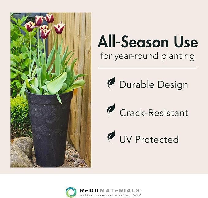 Tierra Verde 2-Pack Indoor & Outdoor Self-Watering Tall Round Planters, Aria, 12.5" x 20", Black - Planter Containers for Plants and Flowers - Gardening and Landscaping Accessories