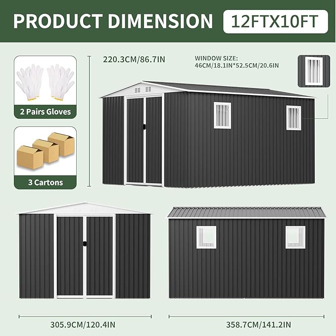 12FT x 10FT Outdoor Storage, Metal Anti-Corrosion Utility Tool House with Lockable Door & Shutter Vents，Outdoor Waterproof Garden Tool Storage Sheds