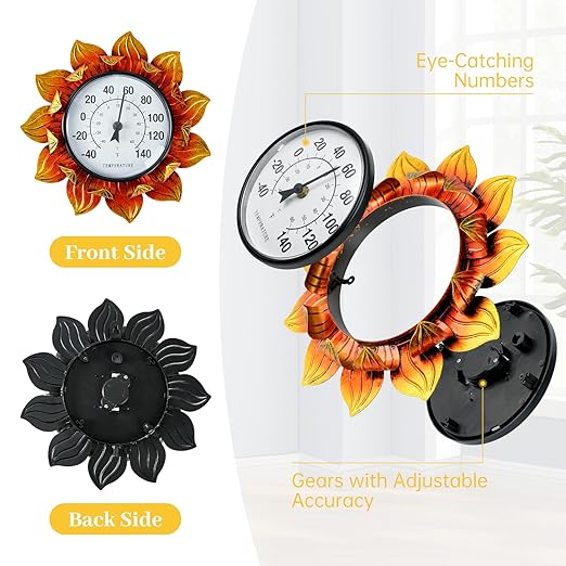 Sunflower Wall-Mounted Outdoor Thermometers, 11 Inch Indoor Outdoor Thermometer Decorative for Patio, Living Room,Wine Cellar, Garden Home Decor, No Batteries Required
