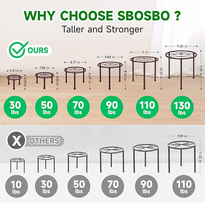 6 Pack Metal Plant Stands, Heavy Duty Plant Stand for Indoor Outdoor, Anti-Rust Iron Flower Pot Stands Outdoor Plant Holder, Potted Plant Shelf for Living Room Balcony Garden Patio, Bronze