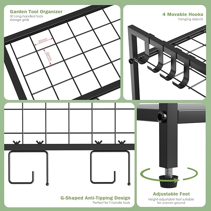 VGMiu Garden Tool Organizer for Garage, Yard Tool Rack, Holds Up to 36 Long-Handled Tools, Black Metal Garden Tools Rack Storage with Hooks for Yard Shed Garage Organization