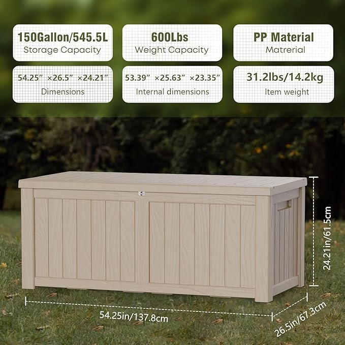 150 Gallon Lockable Resin Outdoor Storage Box, Waterproof & Weather Resistant Deck Box for Patio Cushion, Garden Tools & Pool Accessories, Grey