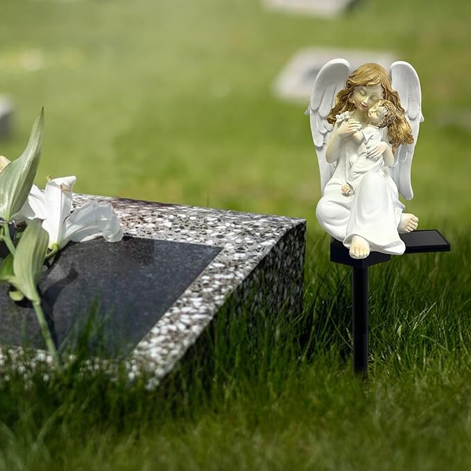 Solar Garden Angel Lights, Waterproof Outdoor Garden Angels Statue Decorations Solar Lights for Cemetery Gravesite Grave Outside Yard Patio Lawn Porch (Mother Angel)